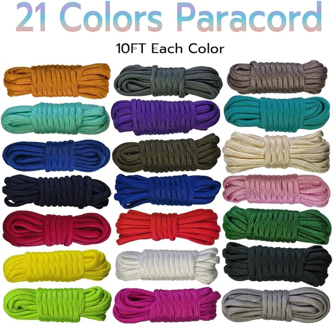 21 Colors Paracord (10FT Each Color), 550lb Parachute Cord Combo Kit for Crafting Bracelets, Lanyards, Dog Collars (21 Colors PureA, 10FT)