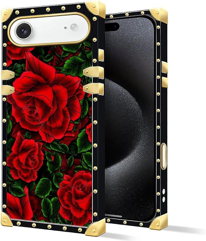 for iPhone 17 Air Case Luxury Golden Decoration for Girl Women Soft TPU Shockproof Protective Hard PC Back for iPhone 17 Air Crazy Pattern Vector Red Rose Green Leaf