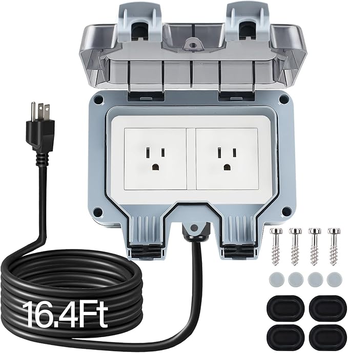 Outdoor Power Outlet Box with 16.4Ft Extension Cord, NEMA 5-15R, STW 14 AWG, Weatherproof Waterproof IP66 Electrical Outlet Extender, Exterior Wall Power Socket w/Cover for Garden