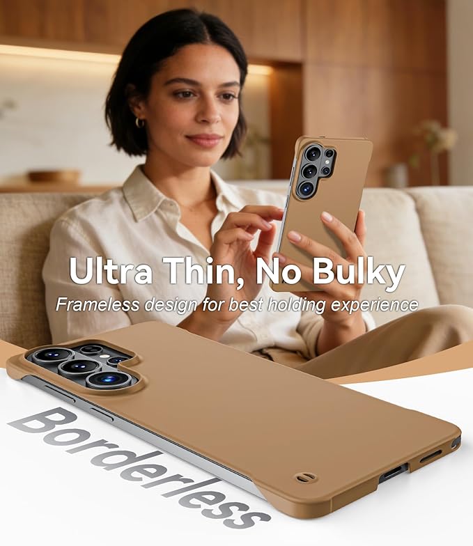 GRECAZO Slim Borderless for Samsung Galaxy S26 Phone Case 6.3"(2026) Ultra-Thin Lightweight Frameless Matte Hard PC Cover Case with Pull Ring Minimalist Non Slip Rope-Mocha