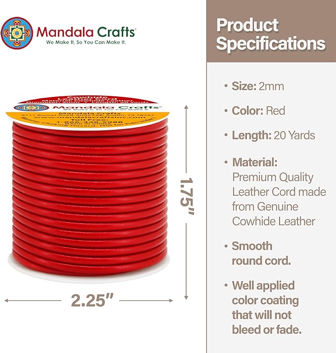 Mandala Crafts Round Cowhide Genuine Red Leather Cord for Jewelry Making Kumihimo Leather Rope Spool - Red String Lace - 20 Yds 2mm Cording