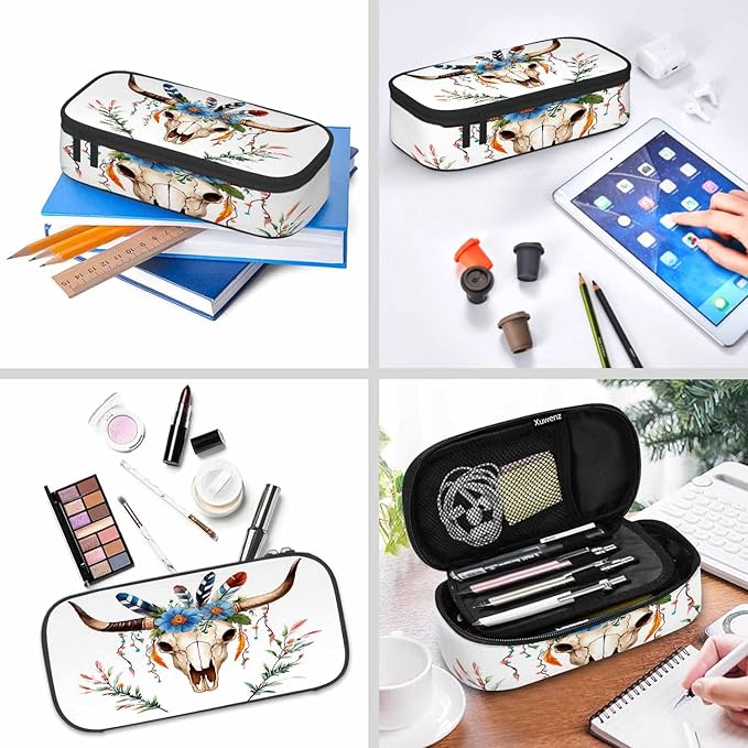 Cow Skull Pencil Holder Bag Bull Head Flowers Feathers Boho Style Pencil Case College Office School for Teens Boy Girl