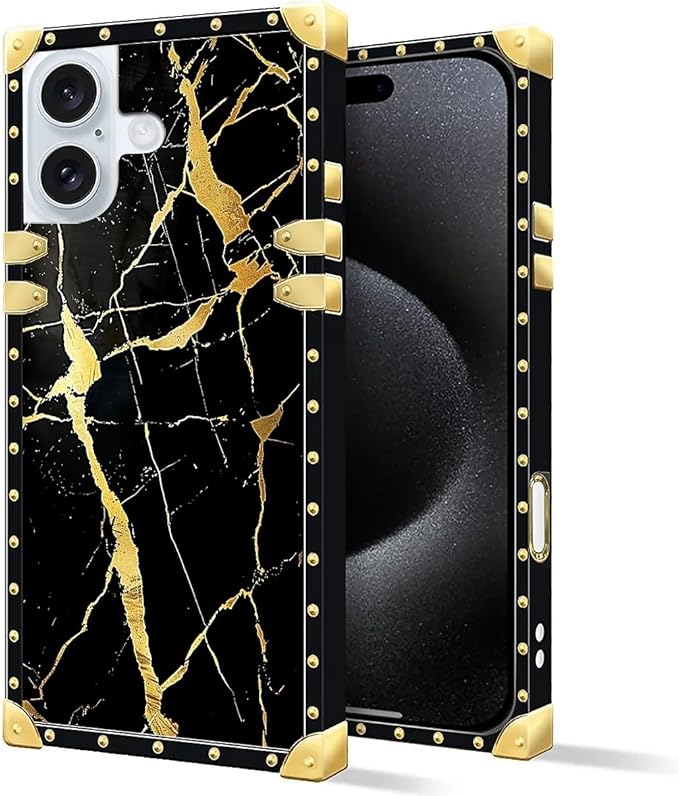 Compatible with iPhone 16 Case, Black Gold Marble Nature Luxury Golden Decoration for Girl Women Soft TPU Shockproof Protective Hard PC Back
