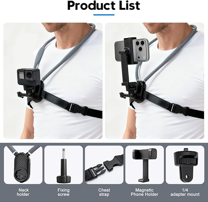 Camera Phone Chest Mount for GoPro, Adjustable Strap Chest POV Phone Holder Neck Mount for DJI Osmo Nano Action 5 Pro/4/3 Accessories, for Insta360 X5/X4/Ace Pro 2, for GoPro Hero 13/12/11 AKASO