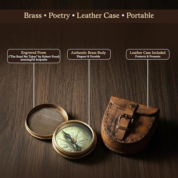 Wind & Weather Antiqued Brass Poem Compass with Leather Case