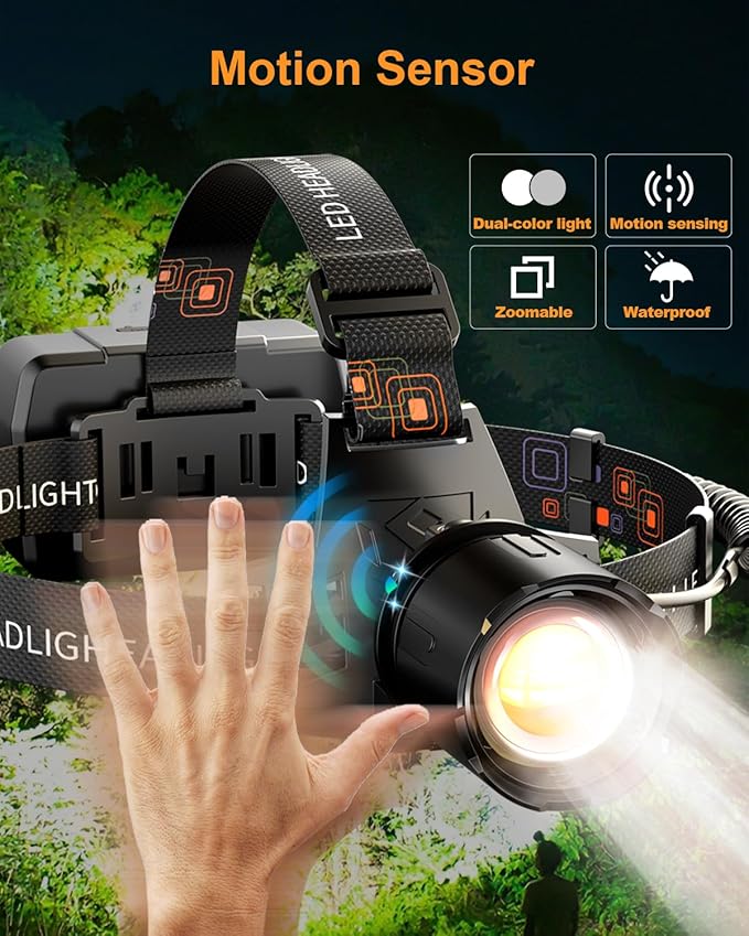 SKYFIRE Rechargeable Headlamp 3000 Lumens Motion Sensor, LED Super Bright 7500mAh Battery, Zoomable Waterproof Head Light for Running Cycling Camping Hiking - Dual Light Sources Warm & White Light