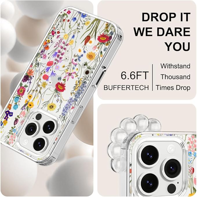 MOSNOVO Case for iPhone 16 Pro, [Buffertech 6.6ft Military-Grade Drop Protection] [Anti Peel Off Tech] Clear TPU Bumper Phone Case Cover Design - Wildflower Meadow