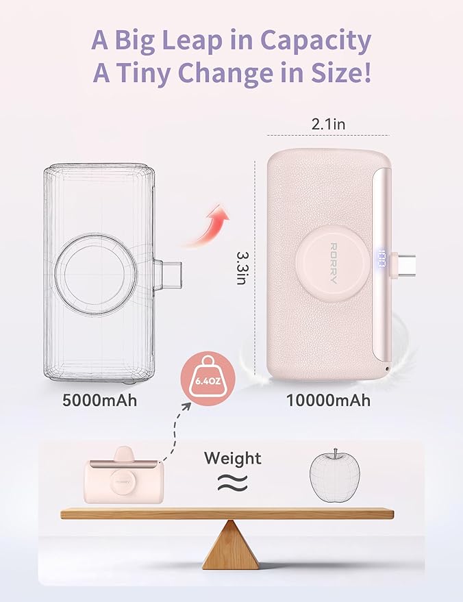 RORRY PalmGo Portable Charger, 10000mAh PD 22.5W Fast Charging Mini Power Bank with Built-in USB C Connector, 3-in-1 Battery Pack for iPhone 17/16/15 Pro/Max, Apple Watch Ultra/11/10/SE, iPad, Purple