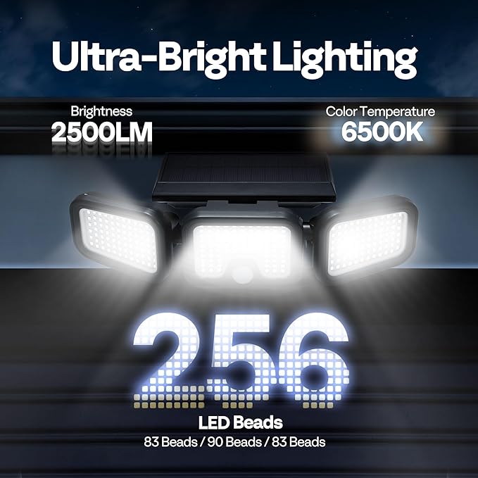 VIVOHOME Solar Flood Lights Outdoor, 256 LED 2500LM Motion Sensor Lights, 3 Adjustable Heads Security Lights, IP65 Waterproof, 270° Wide Lighting Angle Solar Powered Lights for Porch, Yard, 3 Pack