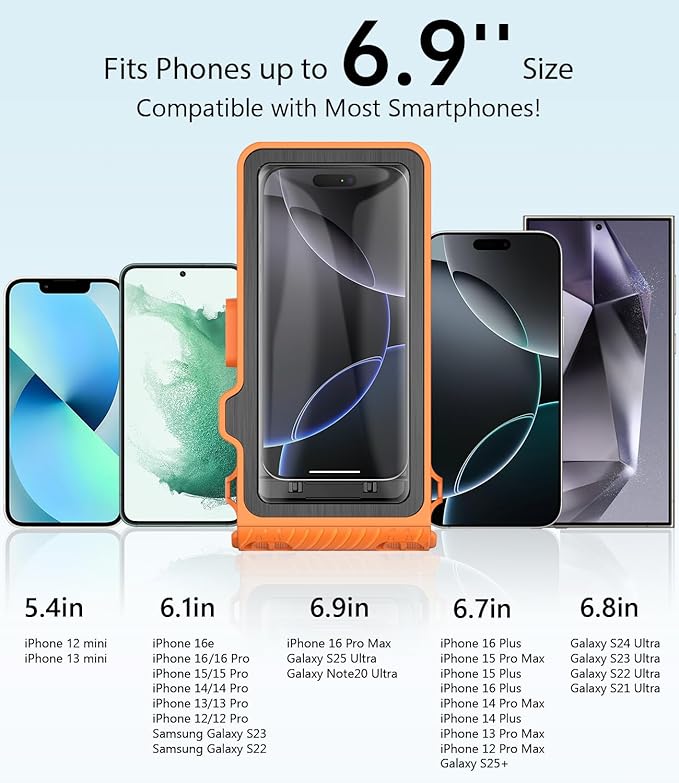 Waterproof Phone Case for Snorkeling - Underwater Touchscreen Housing, Universal Underwater Photo&Video Diving Case for iPhone 17/16/15/14 Pro Max Samsung Galaxy S25/S24 Ultra Up to 6.9'' Orange