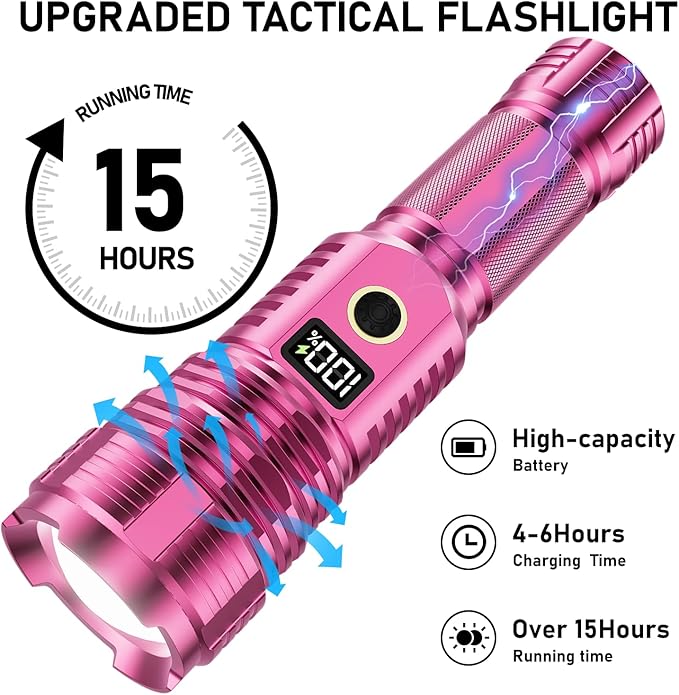 Flashlights High Lumens Rechargeable, 100,000LM LED Super Bright Flash Light, Zoomable Linternas with LCD Digital Display, 5 Mode, Waterproof, Powerful Tactical Flashlight for Emergencies Camping Gift
