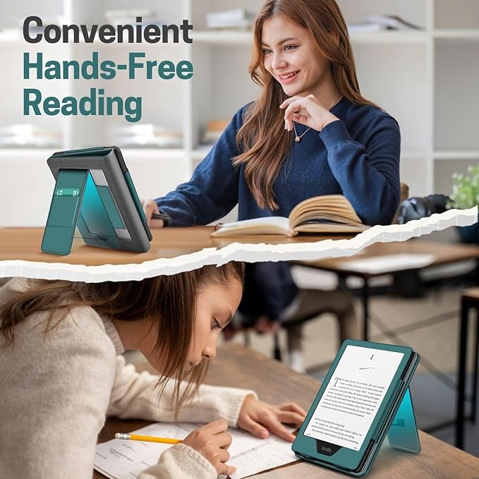 TNP Stand Case for Kindle Paperwhite 12th Generation 2024 / Kindle Colorsoft Signature Edition with Hand Strap & Card Slot - 7" PU Leather Protective Folio Cover with Auto Wake/Sleep, Dark Green