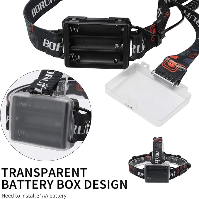 BORUIT RJ-2166 Super Bright LED Headlamp with White Light,3 Modes Adjustable Headlight Flashlight,IPX4 Waterproof Head Torch Great for Running, Camping, Hiking(Black)
