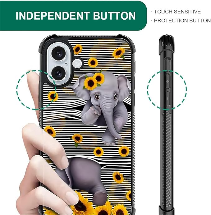for iPhone 16 Plus Case, Cute Little Elephant Sunflower White Line Art Pattern Graphic Design Girl Boy Soft Silicone Hard Acrylic Shock Protection for iPhone 16 Plus