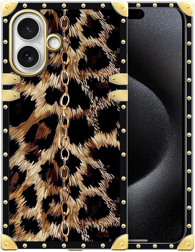 for iPhone 17 Case Luxury Golden Decoration for Girl Women Soft TPU Shockproof Protective Hard PC Back for iPhone 17 Crazy Pattern Seamless Gold Chain Leopard