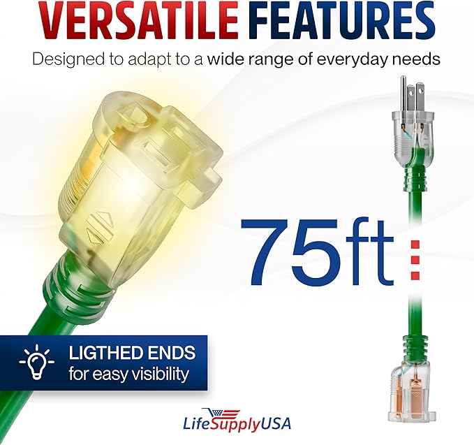 75ft Outdoor/Indoor Extension Cord 16/3 Gauge Heavy Duty 3 Prong SJTW, Waterproof, Flexible Cold-Resistant Long Power Cord,10A 125V 1250W, Green by LifeSupplyUSA