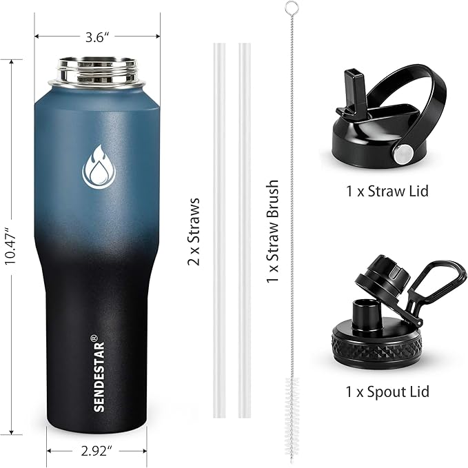 SENDESTAR Water Bottle 32oz,Wide Mouth Stainless Steel Vacuum Insulated Double Wall Keep Liquids Cold or Hot All Day,Sweat Proof Sport Design,Fit Car Cup Holder,(Straw and Spout lid)(Dark blue&Balck)