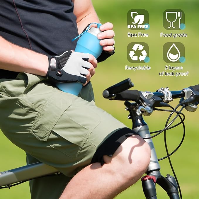 Collapsible Lightweight 20oz Water Bottle, Food-Grade Silicone BPA Free, Foldable Portable Leak Proof Office Travel Cycling Sports Outdoor Water Bottle with Vertical Hook (blue, long nozzle)