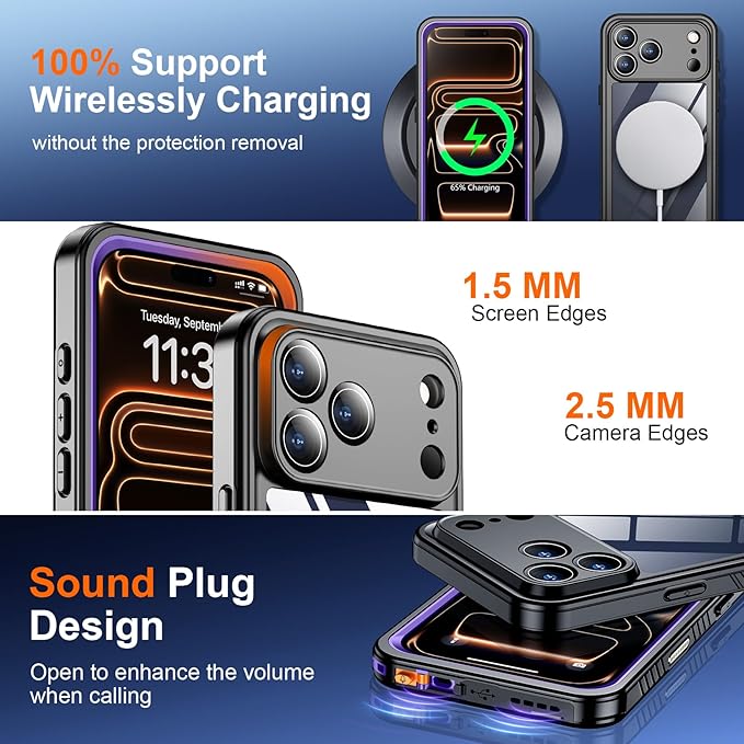 SPIDERCASE for iPhone 17 Pro Max Case Waterproof, Built-in Lens & Screen Protector, Full Heavy Duty Protection, 12FT Military Shockproof, Dustproof, Anti-Scratched Phone Case,Purple/Clear