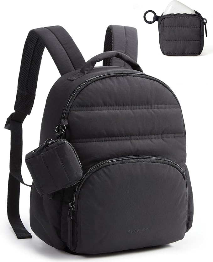 BAGSMART Small Backpacks for Women, Lightweight Puffer Mini Backpack Purse with Pouch, Quilted Casual Daypack, Water-Resistant Bookbag for Daily Travel College, 2-in-1 Set, Black