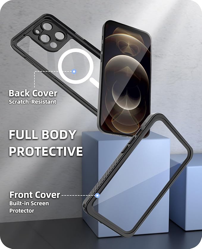 Beeasy for iPhone 12 Pro Waterproof Case [Compatible with Magsafe] [Built-in Screen Protector], 360 Full Body Heavy Duty Phone Case, Military Grade Shockproof Dustproof,Magnetic Black