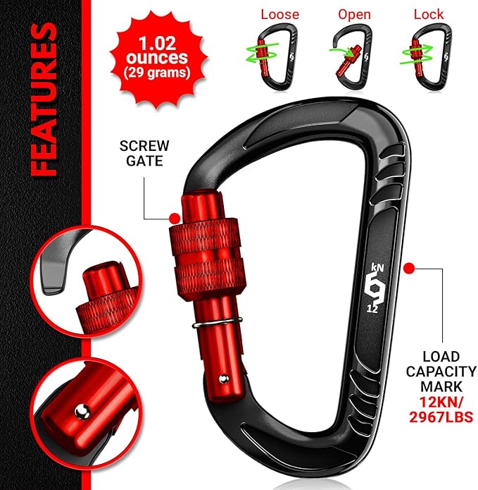 Rhino Produxs 12kN (2697 lbs) Heavy Duty Carabiner Clips, for Securing Pets, Outdoor, Camping, Hiking, Hammock, Dog Leash Harness, Keychains