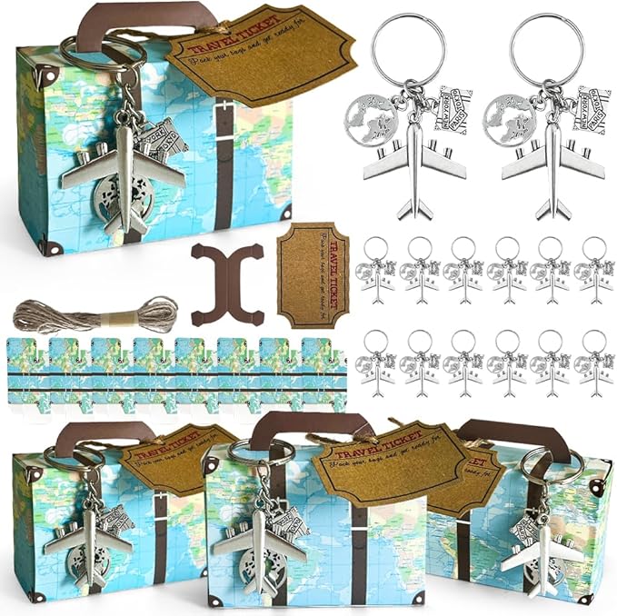 50 Set World Map Mini Suitcase Favor Boxes Party Favor Candy Box with Airplane Keychains Travel Ticket and Burlap Twine for Travel Themed Party, Bridal Shower, Wedding Decorations