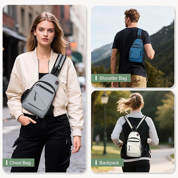 Small Crossbody Bag Casual Sling Bag for Men, Convertible Backpack, 3-in-1 Anti-Theft Shoulder Bag Trendy Daypack for Travel, Light Grey