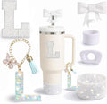 6PCS White Stanley Cup Accessories Set Fit for Stanley Cup 30oz 40oz. Including Handle Charm, Personalized Initial Sticker, Straw Topper, Sparkly Silicone Boot, Spill Proof Stopper (Letter-L)