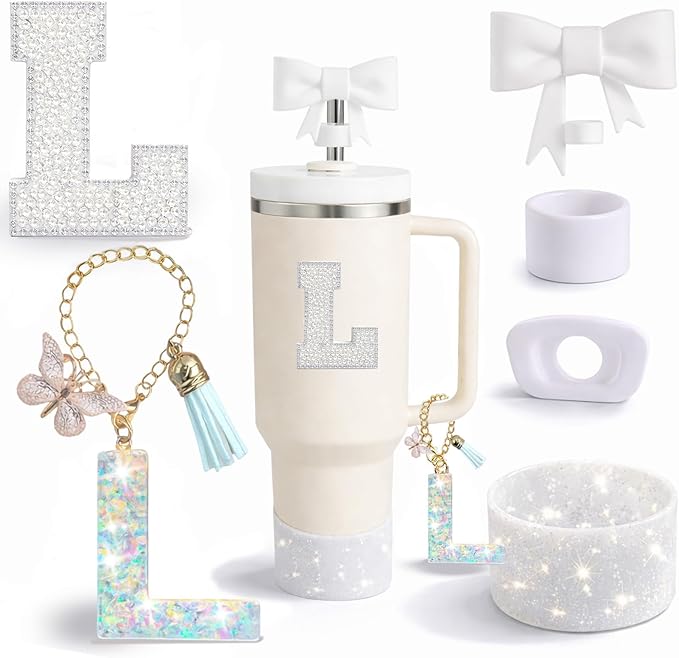 6PCS White Stanley Cup Accessories Set Fit for Stanley Cup 30oz 40oz. Including Handle Charm, Personalized Initial Sticker, Straw Topper, Sparkly Silicone Boot, Spill Proof Stopper (Letter-L)