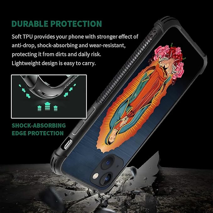 for iPhone 14 Case, Red Virgen Guadalupe Pattern Graphic Design Girl Boy Soft Silicone Hard Acrylic Shock Protection for iPhone 14
