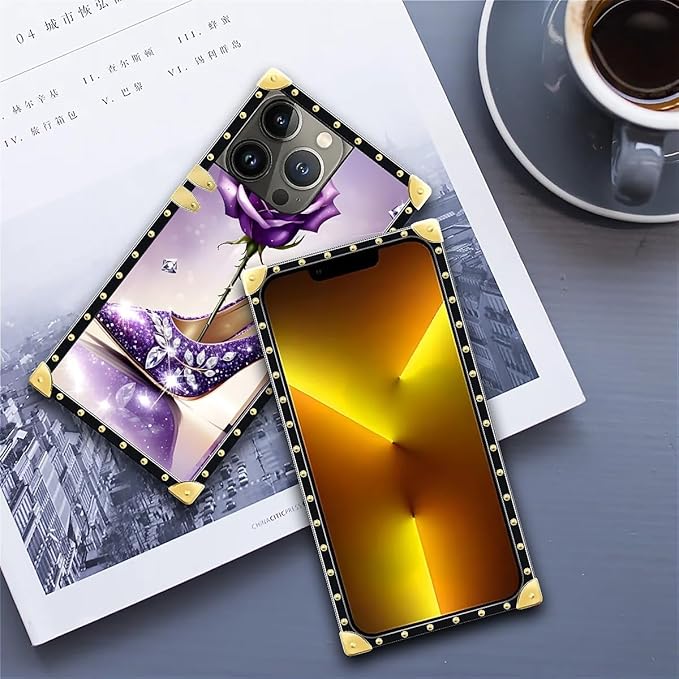 Compatible with iPhone 13 Pro Case, High Heeled Purple Diamond Rose Luxury Golden Decoration for Girl Women Soft TPU Shockproof Protective Hard PC Back for iPhone 13 Pro