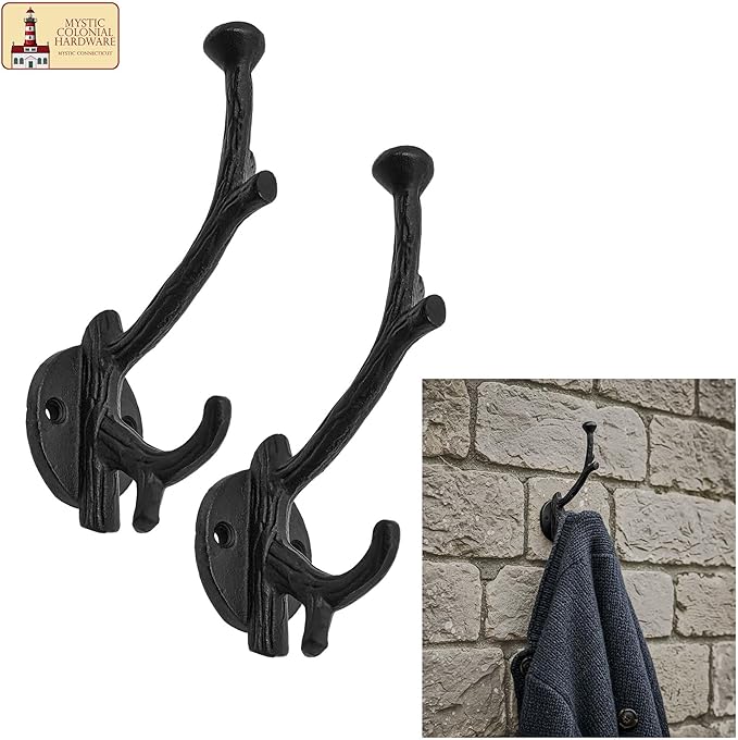 Mystic Colonial Rustic Cast Iron Wall Hooks, Heavy Duty Retro Utility Hooks for Hanging Coat, Bag, Towel, Robe, Hat and More, Pack of 10, Black
