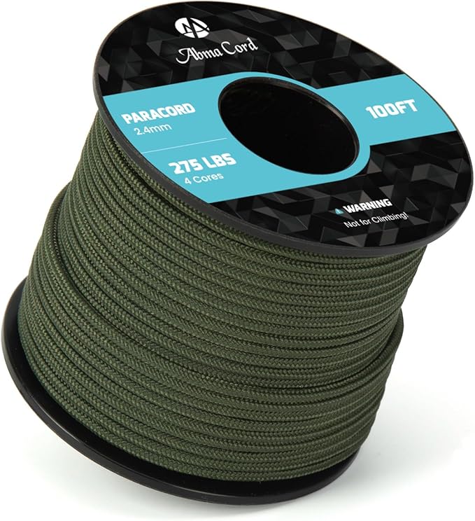 Abma Cord 2.4mm Paracord 275 100ft Nylon Rope 4 Strands Tactical Parachute Cord - Max. 275lbs - Army Green