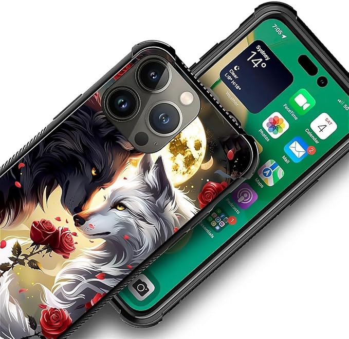for iPhone 14 Pro Max Case, Black White Wolf Moon Flower Rose Pattern Graphic Design Girl Boy Soft Silicone Hard Acrylic Shock Protection for iPhone 14 Pro Max