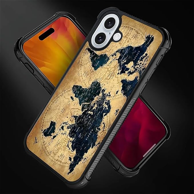 for iPhone 16 Case, Brown World Map Pattern Graphic Design Girl Boy Soft Silicone Hard Acrylic Shock Protection for iPhone 16
