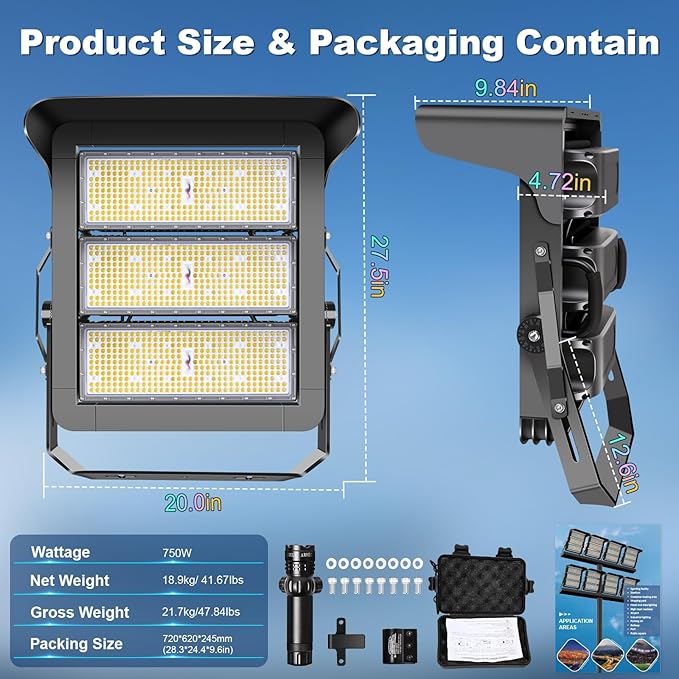 112500LM Led Stadium Light Dimmable 0-750w Super Bright Led Arena Flood Lights Outdoor 100-277v 5000k Yoke U Mount IP66 Waterproof Outside Wall Light Commercial for Square, Golf Court, Port