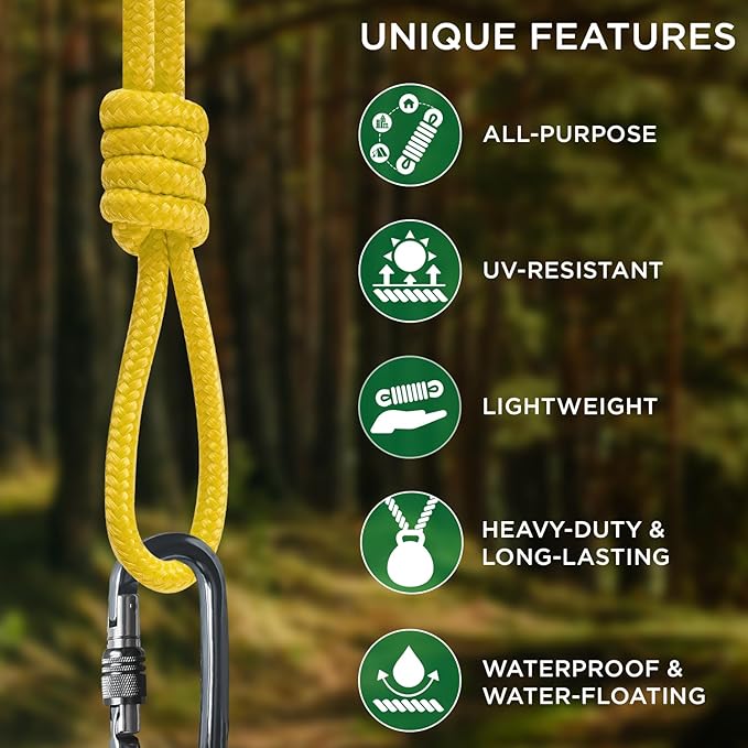 TECEUM Rope – 90 Feet x 1/4 Inch (7mm) – Yellow – Strong All-Purpose Utility Rope – Camping, Crafting, Flag Pole, Indoor & Outdoor – Polypropylene Nylon Poly Lightweight Diamond Braided Cord