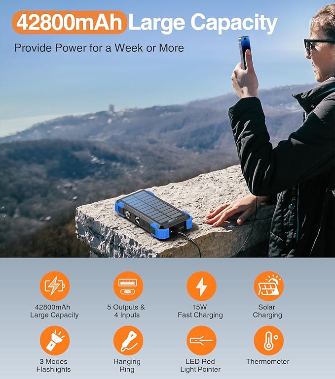 Sudrov Solar Charger Power Bank, 42800mAh Wireless Portable Charger with USB-C in/Output, QC3.0 Fast Charging 15W 4 Ports Outdoor Battery Pack Built-in LED Flashlight, for iPhone, Galaxy, iPad etc