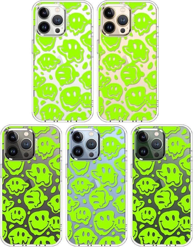 MOSNOVO Case for iPhone 13 Pro, [Buffertech 6.6ft Military-Grade Drop Protection] [Anti Peel Off Tech] Clear TPU Bumper Phone Case Cover Design - Distorted Green Smiles Face