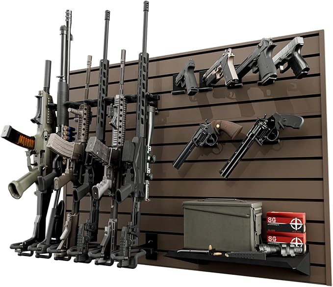 Hold Up Displays Gun Wall Mount Display, Modular Tactical Wall for 6 Pistols and 6 Rifles, Police Gear Rack and Equipment Organizer, Heavy-Duty Aluminum FDE Slatwall Gun Storage System