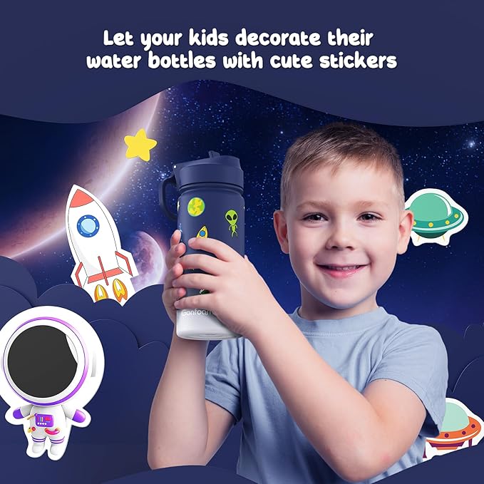 Kids Water Bottle, 2-Pack 16oz Kids Water Bottle with Stickers for School, insulated Stainless Steel Straw Cup(Sapphire+Gray)