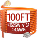 100 FT 14/3 Extension Cord Outdoor, Heavy Duty Weatherproof & Flame Retardant Orange 3 Prong Power Cord with Light, Outside for Lawn & Garden, 13 Amps 1625 Watts 125 VAC 14AWG SJTW, ETL Listed