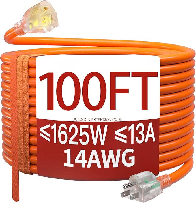 100 FT 14/3 Extension Cord Outdoor, Heavy Duty Weatherproof & Flame Retardant Orange 3 Prong Power Cord with Light, Outside for Lawn & Garden, 13 Amps 1625 Watts 125 VAC 14AWG SJTW, ETL Listed