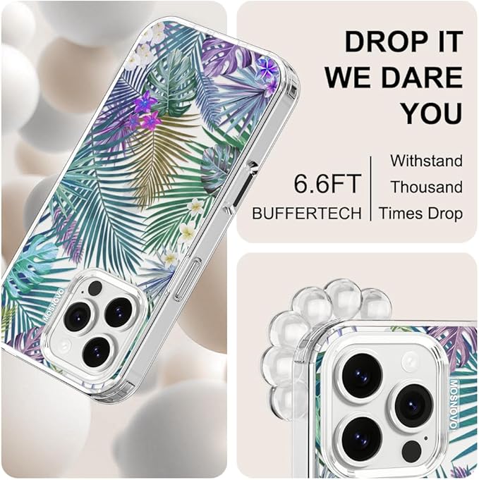 MOSNOVO Case for iPhone 16 Pro Max, [Buffertech 6.6ft Military-Grade Drop Protection] [Anti Peel Off Tech] Clear TPU Bumper Phone Case Cover Design - Tropical Rainforests
