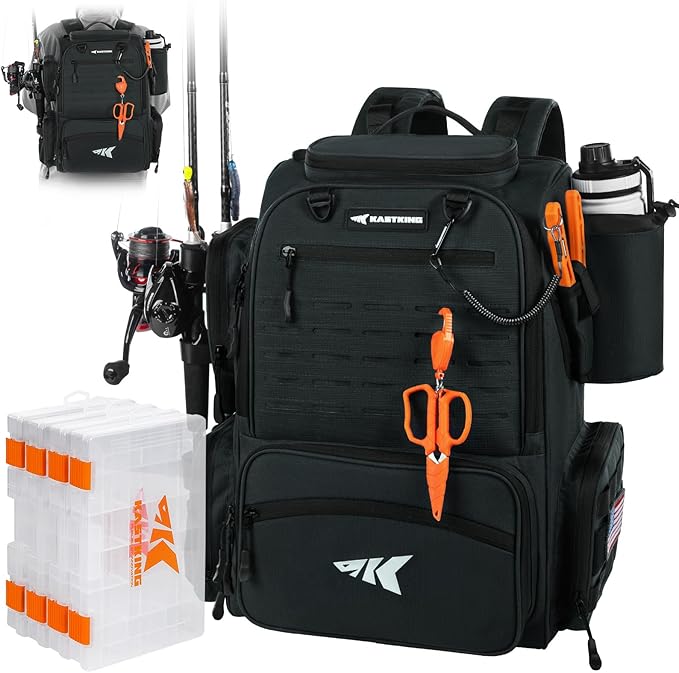 KastKing Bait Boss Fishing Tackle Backpack with Rod Holders-4 Tackle Boxes-Rain Cover,45/43L Large Storage for Fishing Gear