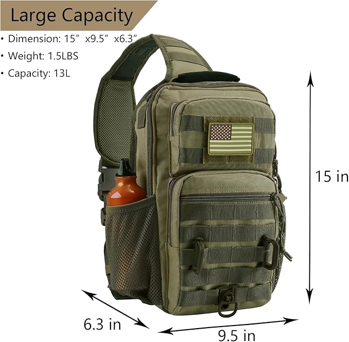 Rover Sling Pack Tactical Shoulder Sling Bag Backpack with Bottle Holder Crossbody Chest Bag, Olive