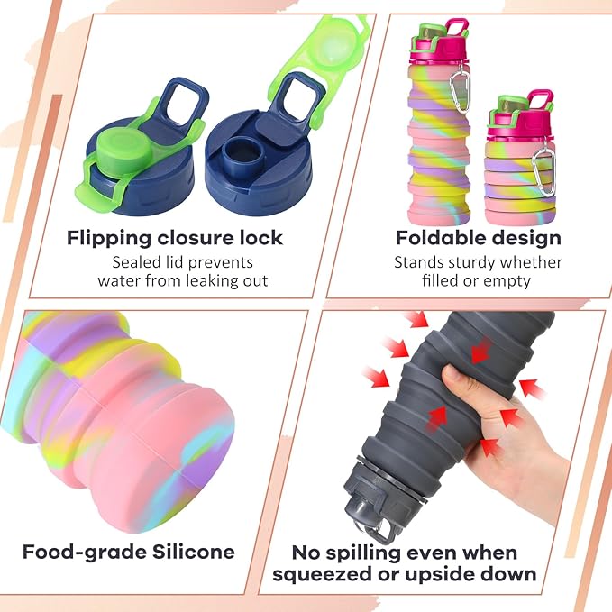 Sunnyray 14 Pack Collapsible Water Bottles Travel 17oz Silicone Portable Foldable Bottles Leak Proof Reusable Sports Cups with Clip for Camping Hiking Cycling Outdoor(Dark Color)