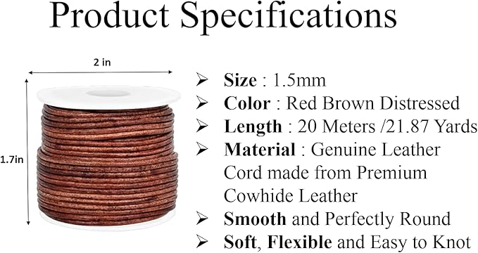 GENIQUE Real/Genuine Round Leather String Cord for Necklace, Bracelets, Jewellery, Braiding (1.5mm, Red Brown Distressed)