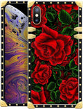 Compatible with iPhone Xs Max Case, Vector Red Rose Green Leaf Luxury Golden Decoration for Girl Women Soft TPU Shockproof Protective Hard PC Back for iPhone Xs Max